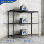 3- Shelf Metal Shelving Unit Adjustable Storage Shelves Heavy Duty Garage Shelving Steel Wire Shelving for Laundry Bathroom Kitchen Pantry Closet Garage Black, 35.6Wx14Dx36H