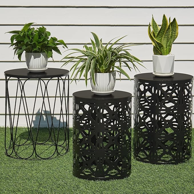 Y&M Set of 3 Stacking Coffee Table for Living Room, Patio Side Table,Indoor End Tables for Bedroom, Outdoor Decorative Garden Stool with Heavy Duty Metal Frame Modern Industrial Decor - Black