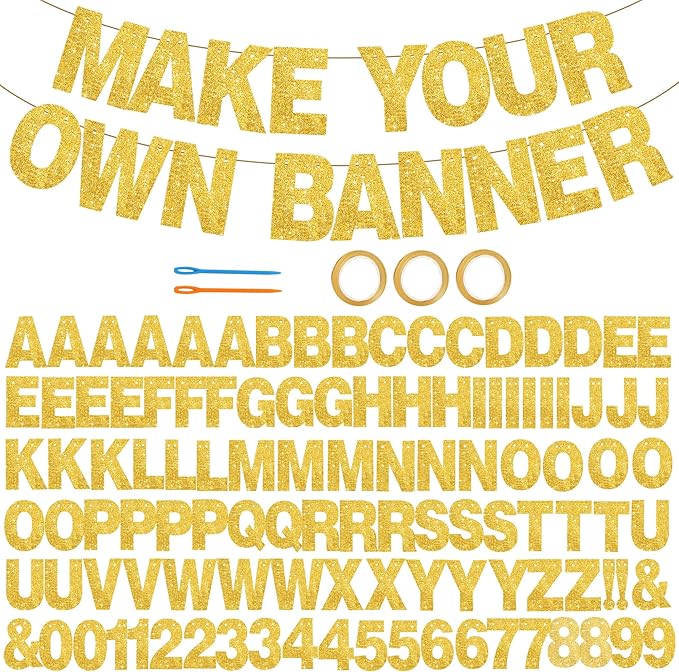 BEISHIDA 116 PCS A-Z Glitter Gold DIY Letter Banner Kit Make Your Own Banner，Including 111 Letters and Numbers 3 Rope and 2 Threading Device,Customized for Birthday Graduation Wedding Party Decor