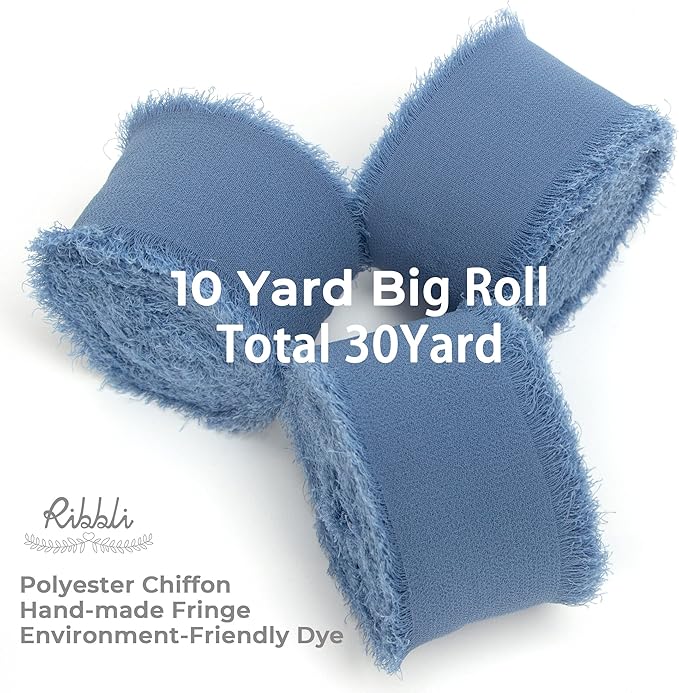 Ribbli Dusty Blue Chiffon Ribbon - 1-1/2 inch x 30 Yard Handmade Fringe Silk Ribbon for Wedding Invitations, Bridal Bouquets, Flower Arrangements