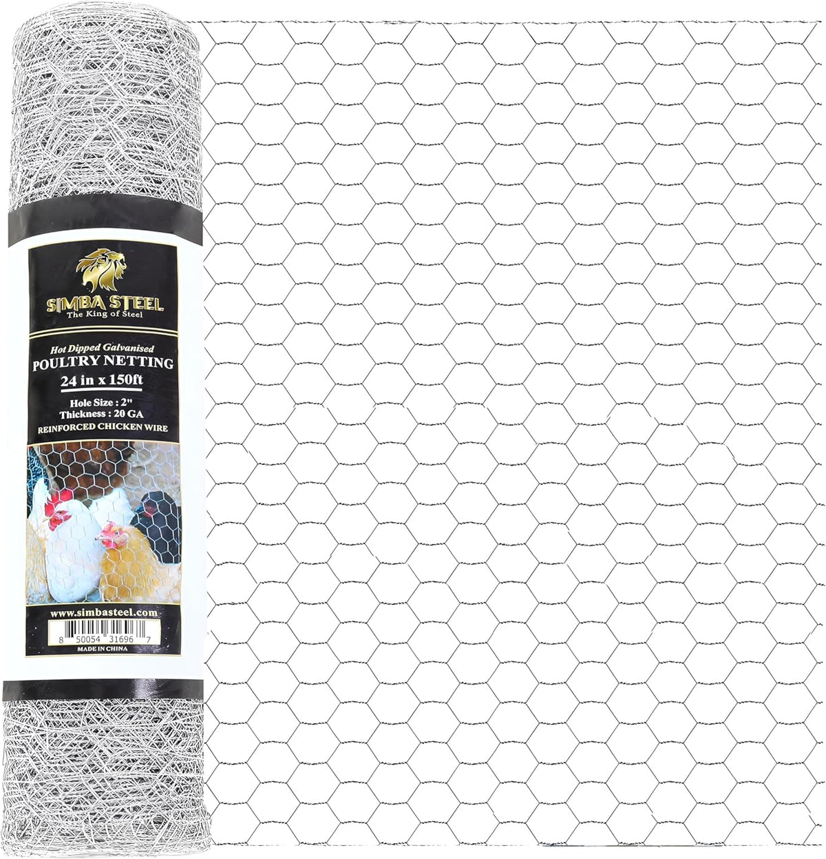 Chicken Wire 24 in x 150 FT x 2” Mesh x 20GA | Poultry Wire Netting | Hot Dipped Galvanised | Hexagonal Galvanized Mesh for Chicken Coop, Rabbit Cage, Fence Barrier PM24x150x2