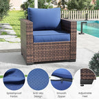 Amopatio Wicker Outdoor Sofa & Patio Couch Set - High Back Waterproof Patio Furniture Single Armrest Chair with Non-Slip Cushions, Outdoor Furniture Cover, Blue
