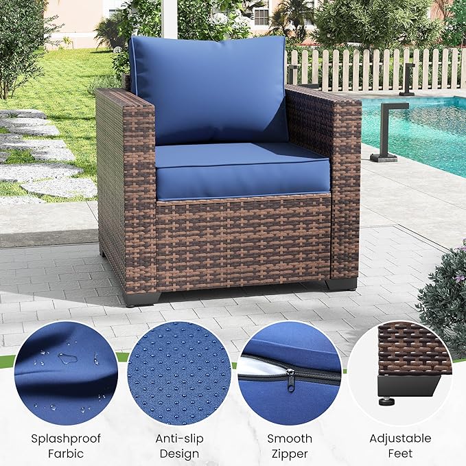 Amopatio Wicker Outdoor Sofa & Patio Couch Set - High Back Waterproof Patio Furniture Single Armrest Chair with Non-Slip Cushions, Outdoor Furniture Cover, Blue