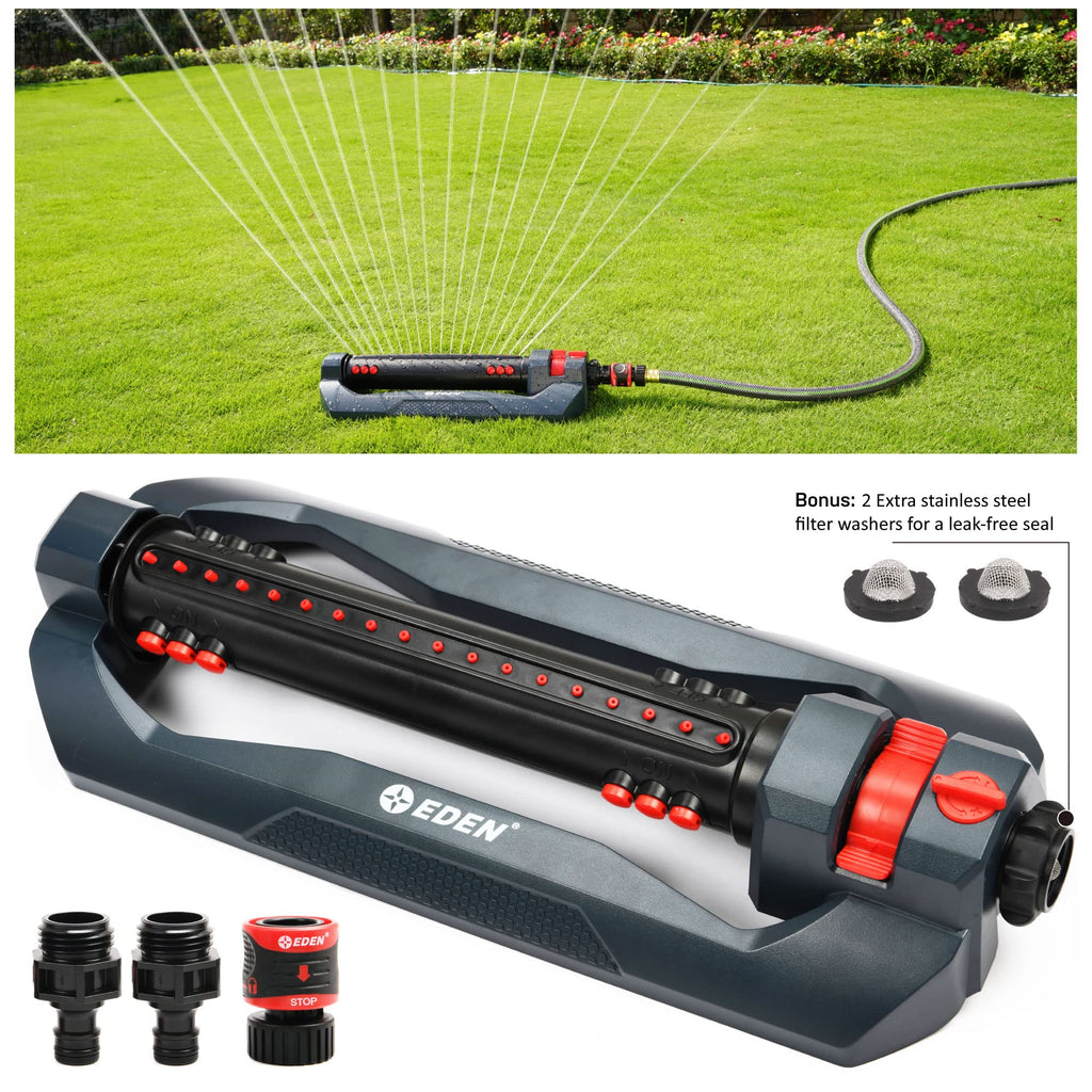 Eden 96212 Turbo Oscillating Sprinkler | Covers Up to 4,400 sq. ft., 18 Precision Nozzles, Adjustable Range, Flow Control, Triple Nozzle Width Switches, Turbo Drive Motor, Quick Connect Bundle