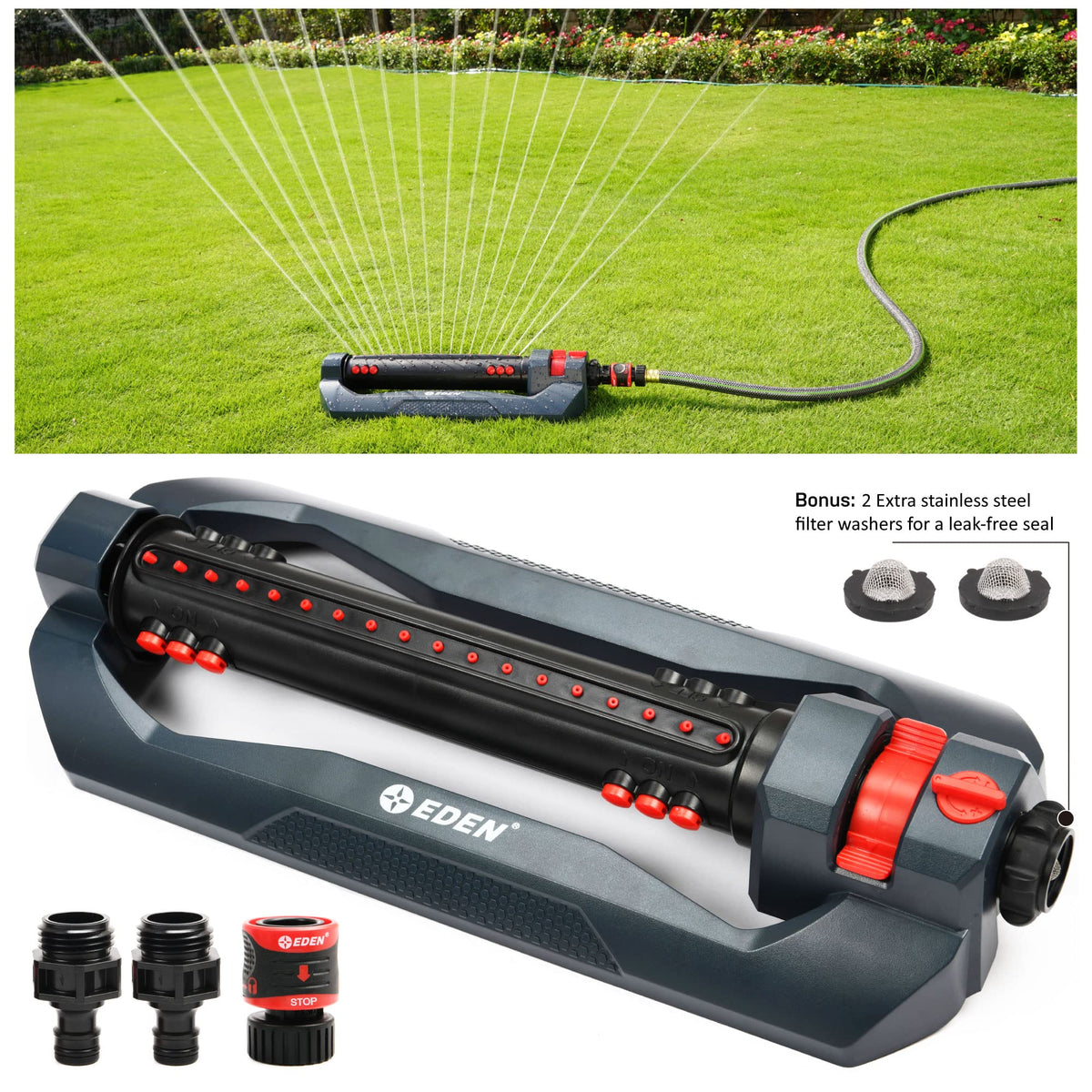 Eden 96212 Turbo Oscillating Sprinkler | Covers Up to 4,400 sq. ft., 18 Precision Nozzles, Adjustable Range, Flow Control, Triple Nozzle Width Switches, Turbo Drive Motor, Quick Connect Bundle