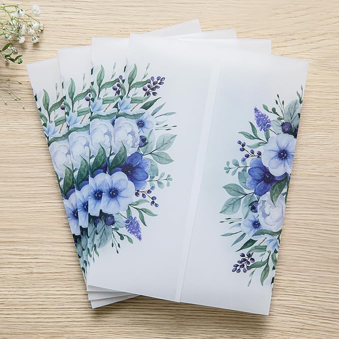 PONATIA 50 PCS Vellum Jackets for 5x7 Invitation Cards - 135GSM Royal Blue Flowers Vellum Sleeves, Transparent Gift Card Jackets