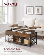 VASAGLE Lift Top Coffee Table, Lift Coffee Table with Storage Shelf, Hidden Compartments and Lifting Top, for Living Room, Office, 19.7 x 47.2 x (19.3-24.4) Inches, Rustic Brown and Black ULCT212B01