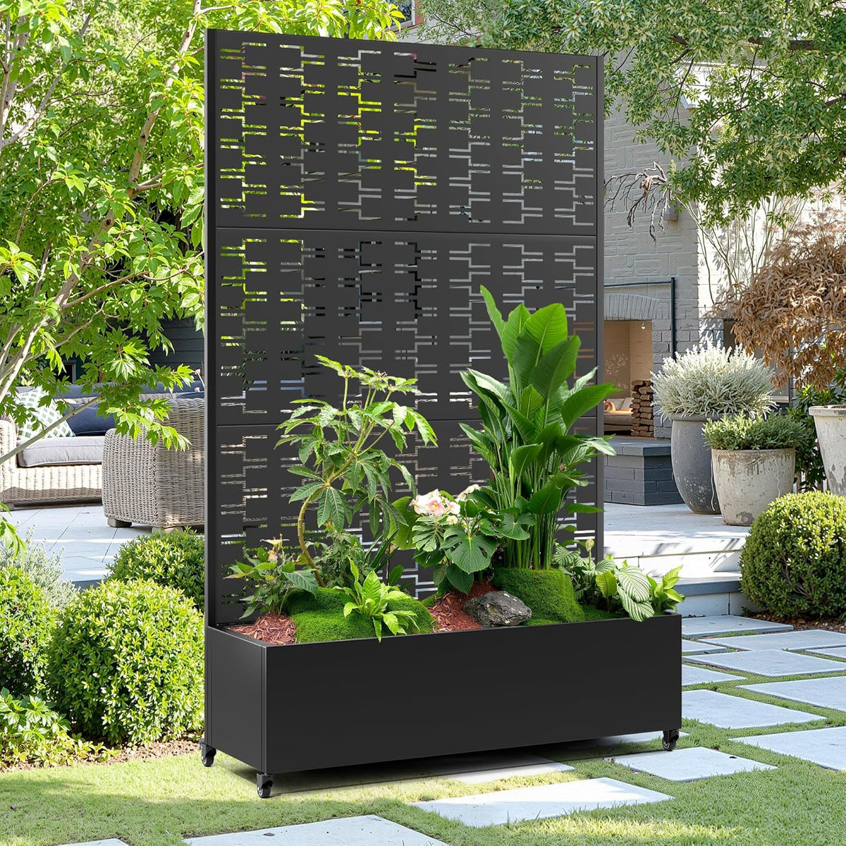 15.7"×70.9"×47.2" Metal Raised Garden Bed with Trellis and Wheels - Tall Trellis Planter Box for Climbing Plants, Vegetables & Vines - Outdoor Privacy Planters for Patio (Black-Brick)