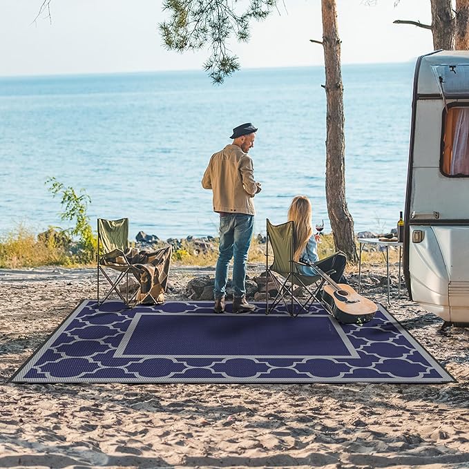 GENIMO Outdoor Rug 5' x 8' Patio Waterproof, Foldable Reversible Plastic Straw Area Rugs Mat for Camper Decor, Outside Carpet for Rv, Deck, Porch, Picnic, Beach, Balcony, Blue & Grey