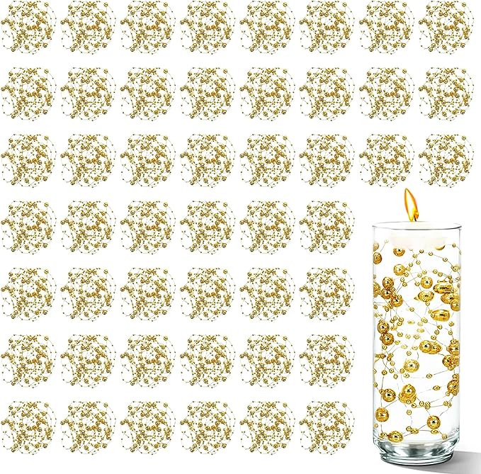 100 PCS Artificial Floating Beads for Centerpieces Vases, Gold 8+3mm String Beads for Wedding Party Faux Pearl String for Decorating, String Pearls for Crafts Vase Filler