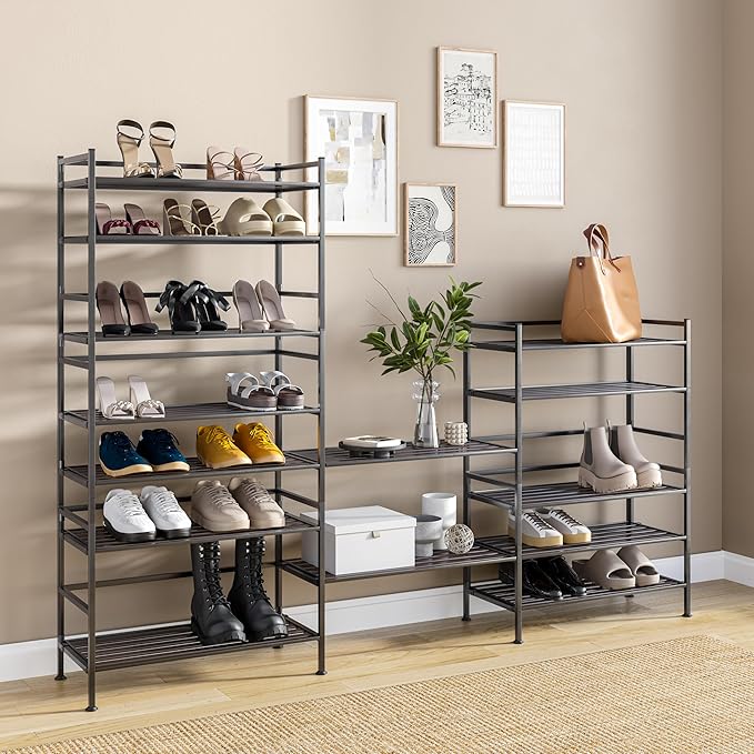 Seville Classics Sturdy Freestanding Storage Shelf for Bedroom, Closet, Entryway, Dorm Room Organizer Stackable Durable Metal Shoe Rack Espresso Slat, 3-Tier (NEW MODEL)