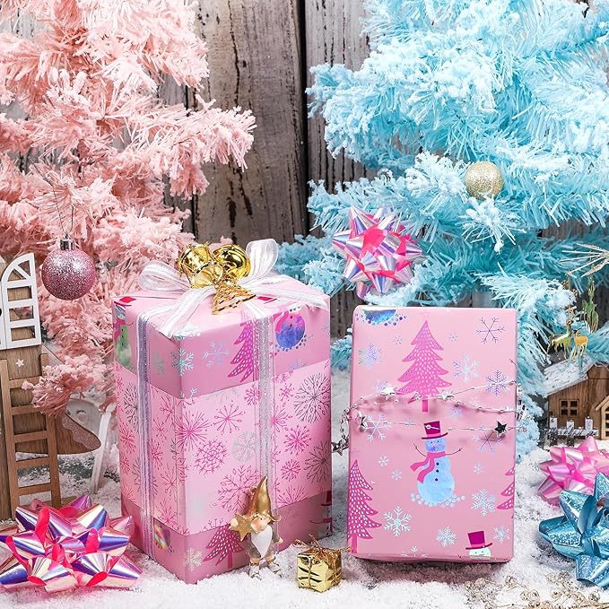 LeZakaa Christmas Pink Wrapping Paper Jumbo Roll, Snowman Christmas Tree & Snowflake Metallic Foil, Rose Gold Foil Reversible Design for Festive Winter Holiday, Family Gathering, 30 inches x 32.8 Feet