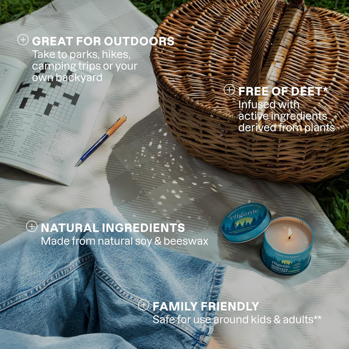 Cliganic Natural Mosquito Repellent Candle (Pack of 2) | Citronella, DEET Free, Essential Oil Infused for Outdoor, Camping | Burns 18 Hours