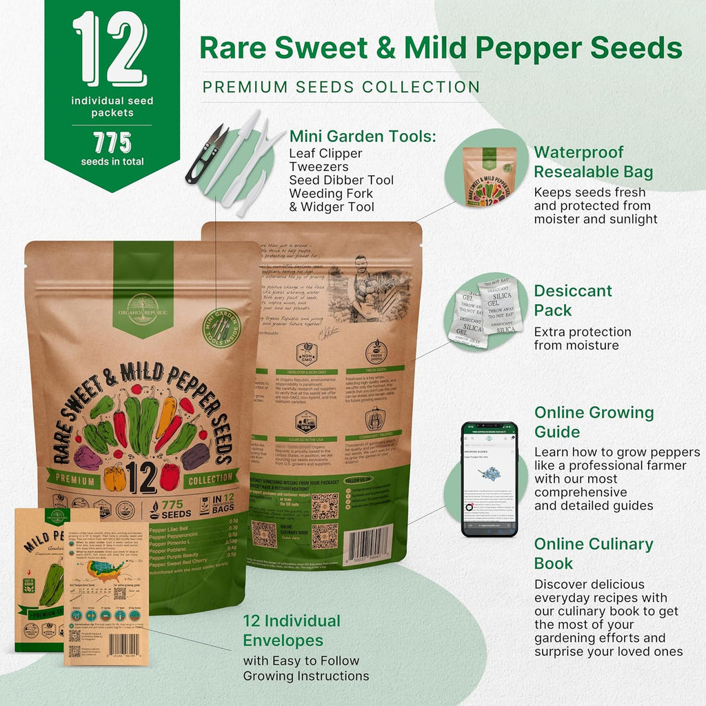Organo Republic 12 Rare Sweet & Mild Pepper Seeds Variety Pack - 770+ Non-GMO Heirloom Pepper Seeds for Outdoor and Indoor Home Gardening, Including Pepper Anaheim, Pepperonchini, Pimento, Lilac Bell