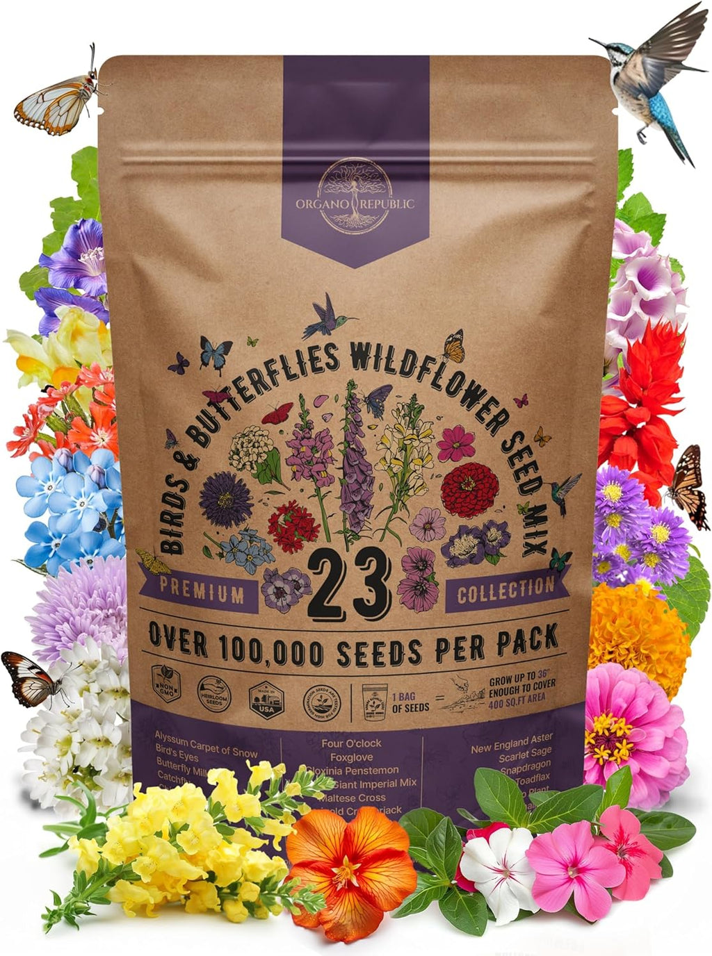 Organo Republic 23 Wildflower Seeds Annual & Perennial Mix for Indoor & Outdoors, Attract Birds & Butterflies 100,000+ Non-GMO, Heirloom Garden Seeds, 4oz Packet for Growing Wild Flowers