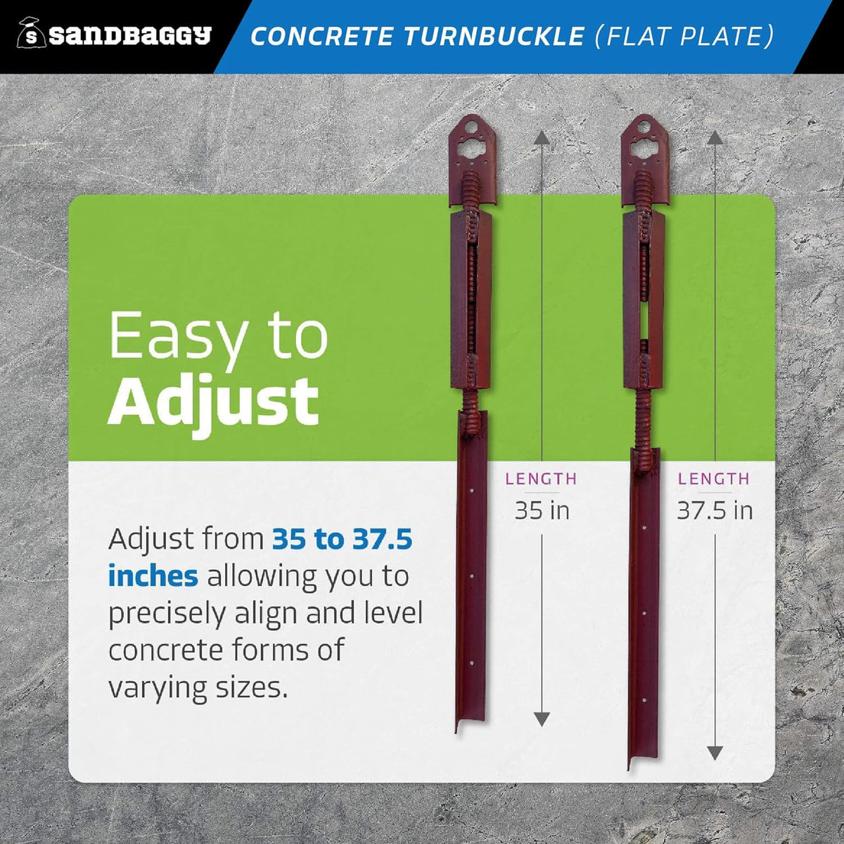 Sandbaggy Concrete Turnbuckle Form Aligner with 5" x 3" Flat Plate (35" - 37.5" Length) - Rust Resistant Steel - Adjustable Wall Brace - Aligns & Plumbs Form Walls, Columns, or Beams (35 inches, 4)