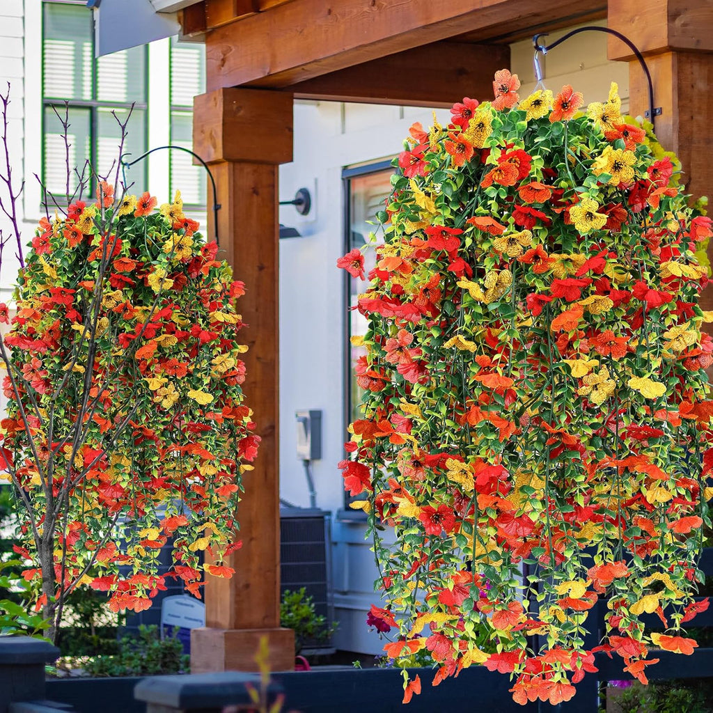 6 Pcs Artificial Fall Hanging Flowers Outdoor Silk Mum Plants Autumn Decor Faux Violet with Eucalyptus Realistic UV Resistant Trailing Vine Thanksgiving Porch Yard(Bright Color,Violet)