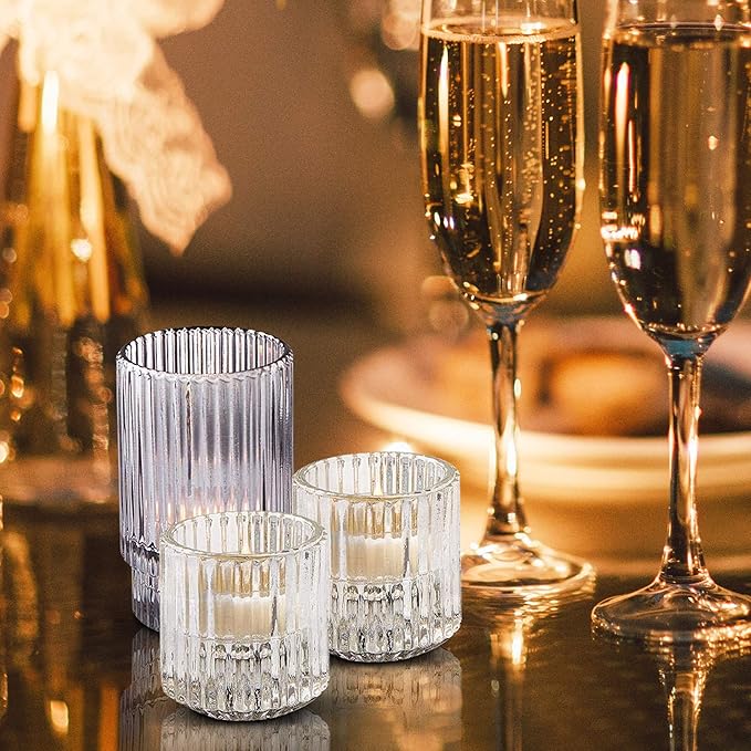 Serene Spaces Living Set of 4 Clear Ribbed Glass Votive Holders, Perfect for Weddings and Home Décor, Measures 2.25" Tall and 2" Diameter