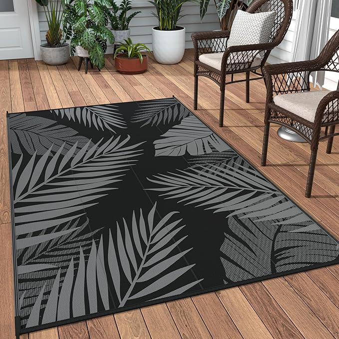 GENIMO Outdoor Rug 3' x 5' Waterproof for Patios Clearance, Reversible Outdoor Plastic Straw Camping Rug Carpet, Large Area Rugs Mats for RV, Camper, Deck, Balcony, Porch, Beach, Picnic, Black&Grey