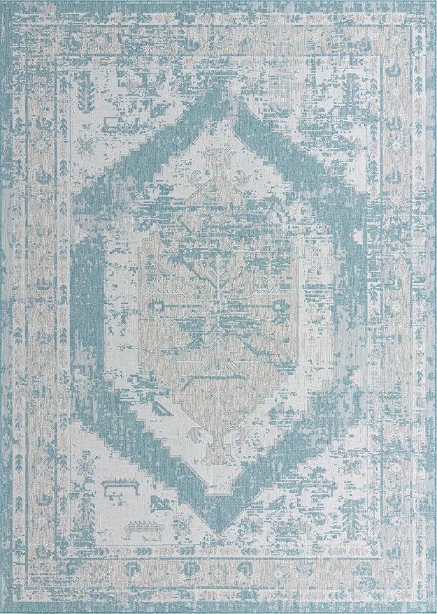 Unique Loom Outdoor Traditional Collection Area Rug - Valeria (10' x 14' 1" Rectangle, Aqua/ Ivory)