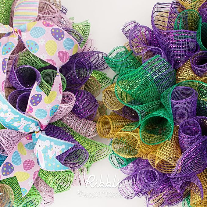 Ribbli 2 Rolls Purple Mesh Ribbon,10 inch x 30 feet(10Yard) Each Roll,Metallic Purple with Foil,Use for Wreath Swags and Decorating