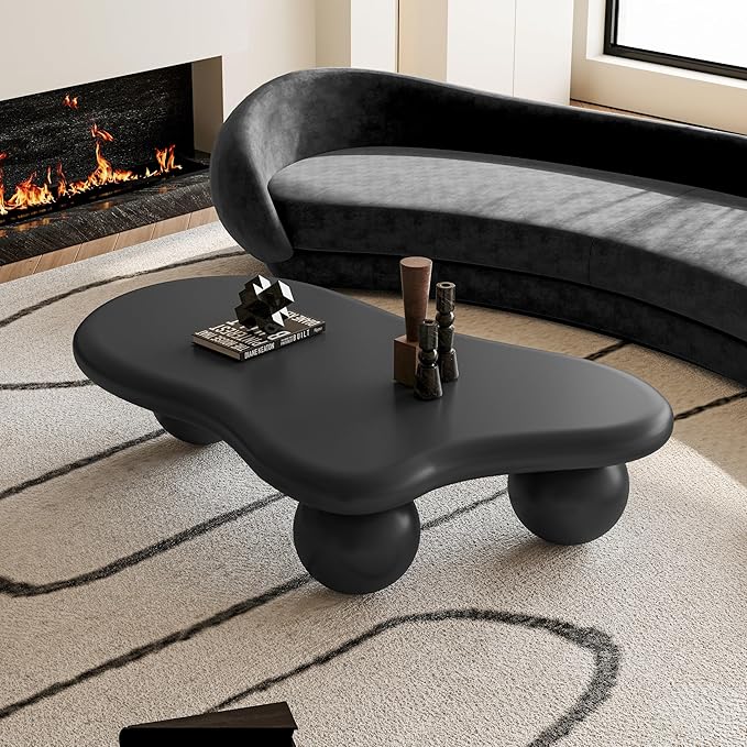 47 Inch Cloud Shaped Coffee Table with 3 Ball Legs for Living Room Black
