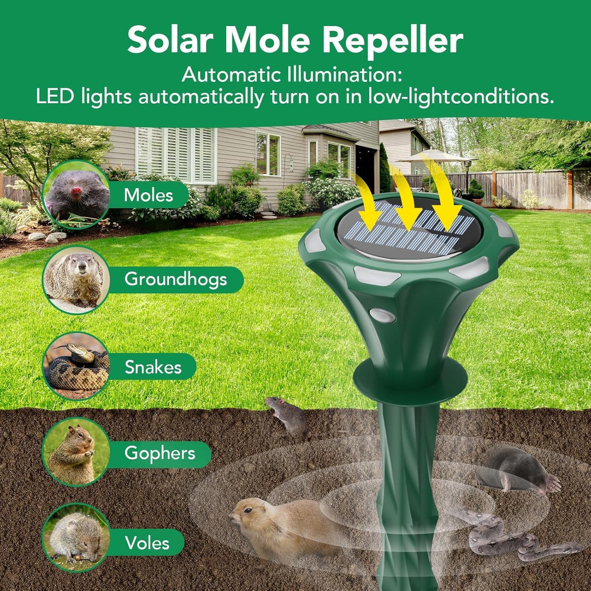 Mole Repellent Solar Powered, 2 Pack Snake Repellent for Yard Waterproof Motion Detection LED Flash Light, Ultrasonic Skunk Repellent Get Rid of Mole, Vole, Rabbit, Gopher, Raccoon, Deer