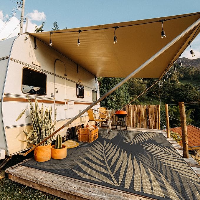 GENIMO Outdoor Rug 10' x 10' Waterproof for Patios Clearance, Reversible Outdoor Plastic Straw Camping Rug Carpet, Large Area Rugs Mats for RV, Camper, Deck, Balcony, Porch, Beach, Picnic, Black&Brown