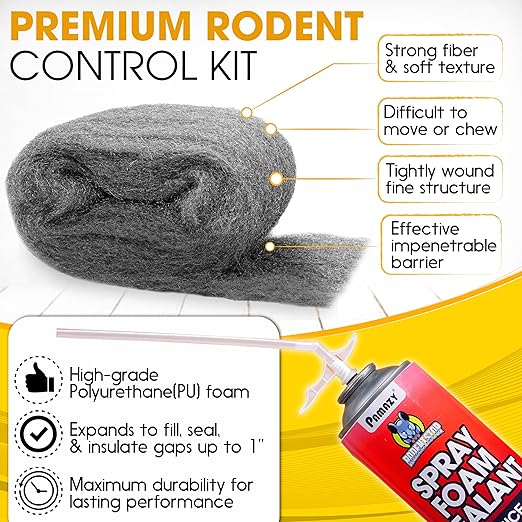 [Upgraded] Rodent Barrier Kit, Steel Wool Included PU Spray Foam Hole Filler for Mice Control 3.2"x7.5’ Rodent Control Fill Fabric, Gloves, Scissors,Gap Blocker in Hole Pipeline Vent in House, Garage