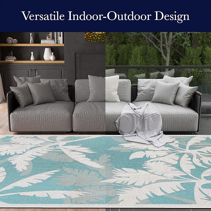 Couristan Monaco Indoor Outdoor Area Rug – Coastal Flora 2'3" x 7'10" Runner in Ivory Turquoise – Flatwoven, Hose Washable, Pet Friendly Rug for Patio, Porch and Home Decor