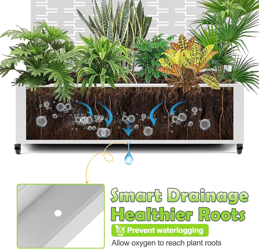 15.7"×70.9"×47.2" Metal Raised Garden Bed with Trellis and Wheels - Tall Trellis Planter Box for Climbing Plants, Vegetables & Vines - Outdoor Privacy Planters for Patio (White-Brick)
