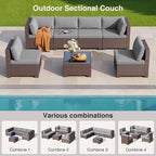 Qsun 7 Pieces Outdoor Patio Furniture Set, PE Rattan Outdoor Wicker Sectional Furniture Sofa Set, with Cushions and Glass Coffee Table, for Balcony, Porch, Garden, Grey