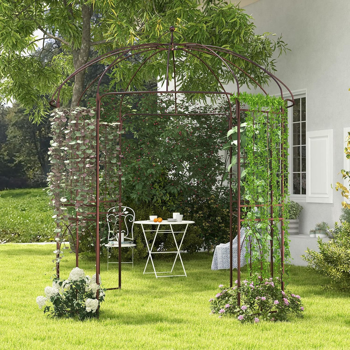 HAPPYGRILL Birdcage Shape Garden Arbor, 7 x 8.4 ft Heavy Duty Metal Garden Gazebo Pergola with Trellis, Garden Arch Trellis for for Climbing Plants Wedding Party Decor Outdoor Arch Pavilion for Lawn