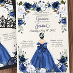 50Pcs Navy Blue Crown Invitations for Quinceanera, 15 year, Sweet 16, Miss XV, Birthday Laser Cut Quince Invitation Cards Personalized Pearlized Black