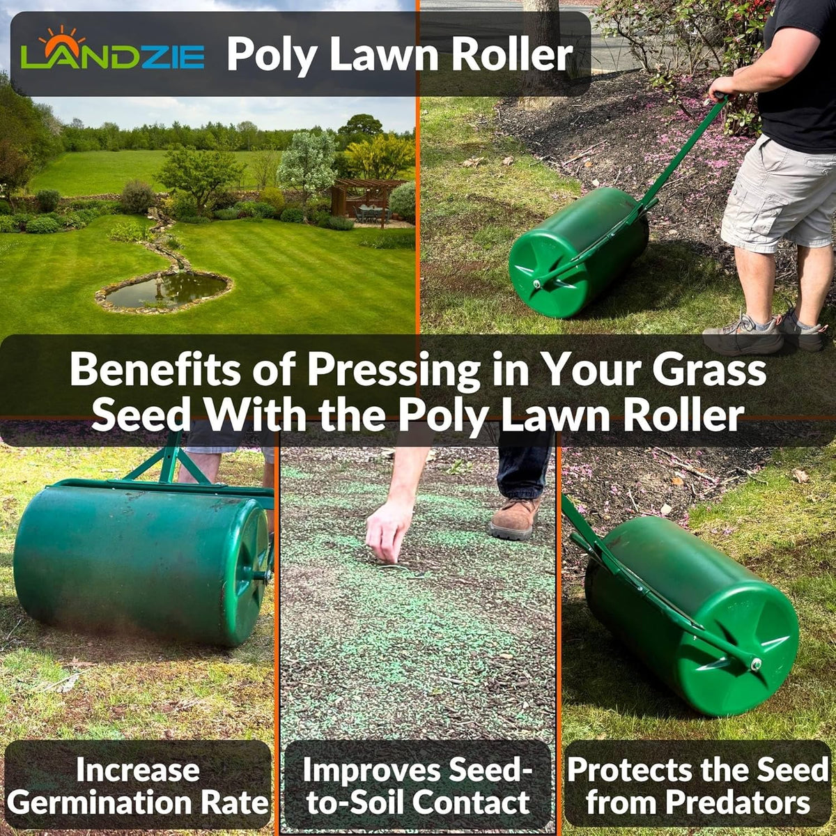 LANDZIE 24 Inch Poly Lawn Roller - 15.8 Gallon Lawn Roller Water Filled Sod Roller and Yard Roller for Pressing in Grass Seed to Improve Germination - Lawn Flattener for Rolls of Sod Lawn Striping Kit