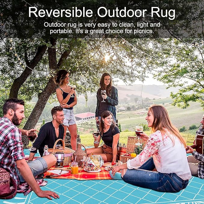 Ileading Outdoor Rug Carpet for Patio 8' x10' Waterproof Reversible Plastic Straw Rug Portable Outside Area Rug Camping Mat for Patio, Clearance, Balcony, Picnic, Pool, Beach, RV, Deck, Teal