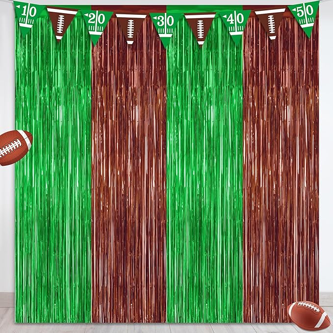 2 Pack Football Party Decorations, 3.28 FT x 7.05 FT Tinsel Backdrop, Brown Green Foil Fringe Curtains Metallic Party Streamer, Football Party Supplies Game Day Decorations 2025