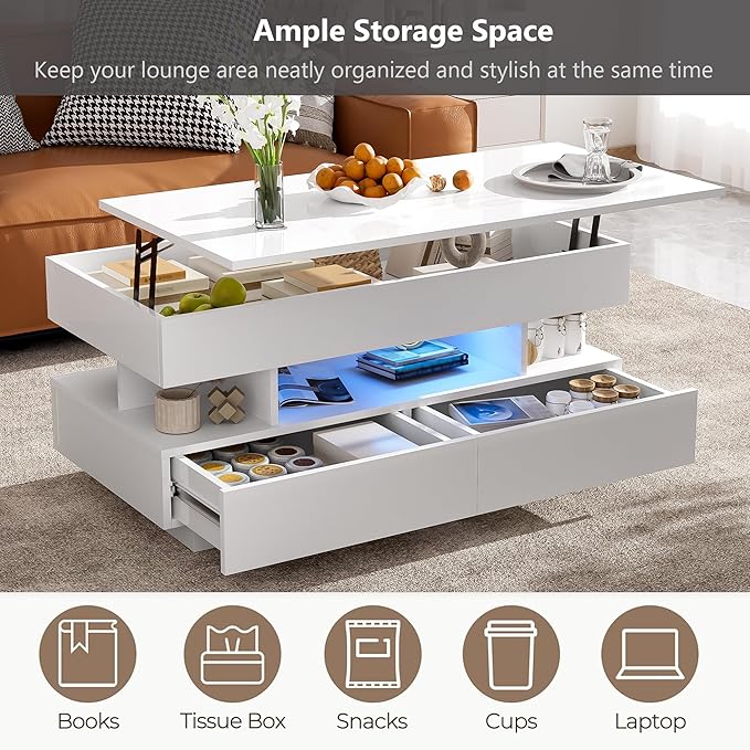 Modern High Gloss LED Coffee Table 39.3-Inch Multi-Functional Lift-Top Center Table with Hidden Storage Space, 2 Drawers for Small Spaces Living Room， White