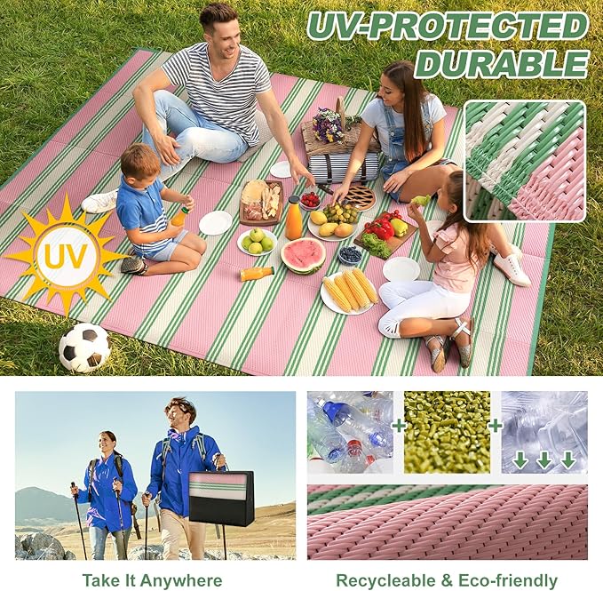 Lahome Striped Outdoor Plastic Straw Rug, Reversible Outdoor Rug Waterproof 9x12 Rugs for Patio, RV Camping Rug Picnic Mat Outside Large Carpet for Beach Deck Backyard Balcony(Pink/Green,9'x 12')