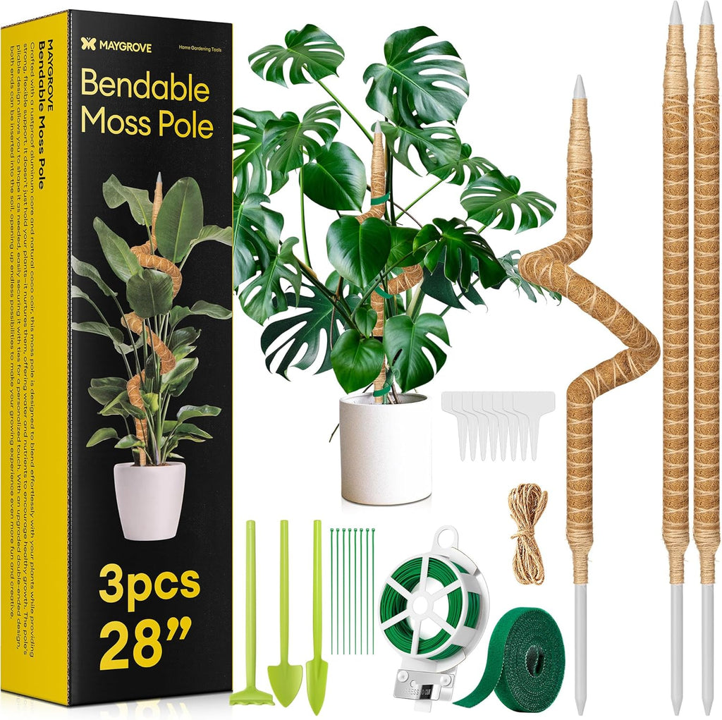 3-Pack 28” Bendable Moss Pole Monstera Plant Support for Climbing Indoors Plants, Coir Moss Poles Sticks DIY, Plant Support Stake for Potted Plants