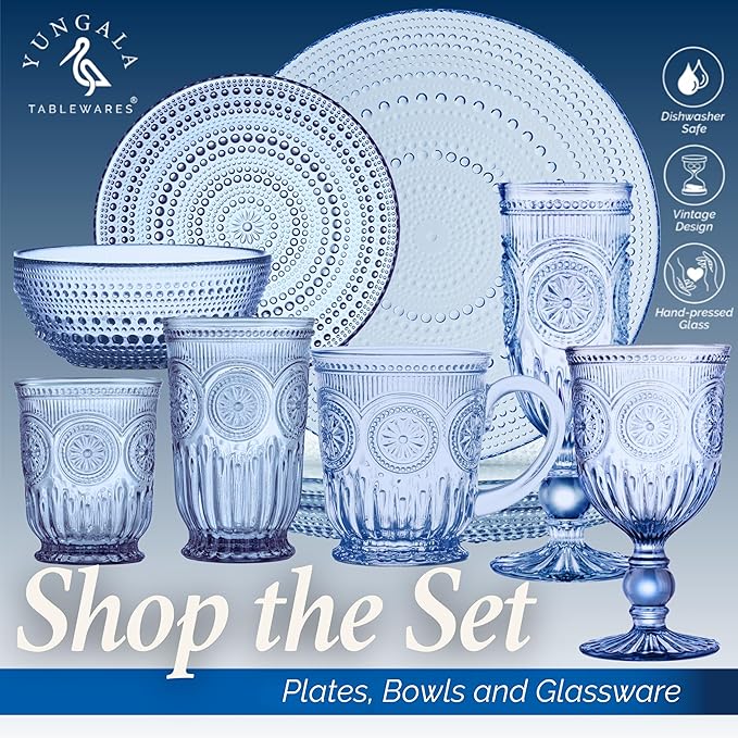 Yungala Blue Wine Glasses - Set of 6 Glass Goblets, 10oz - Dishwasher-Safe Handcrafted Stemmed Blue Vintage Glassware vintage wine glasses or water goblets or for those who love blue drinking glasses