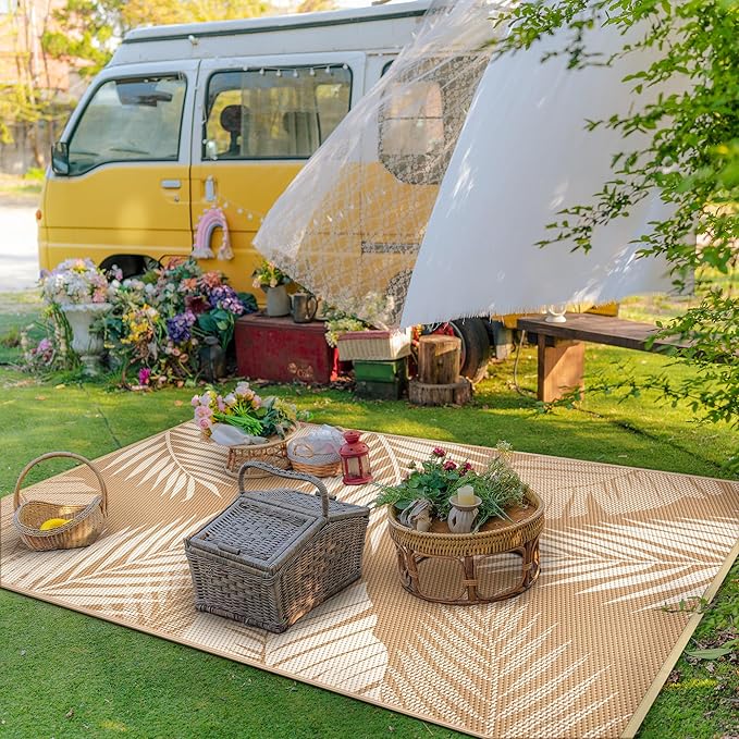 GENIMO Outdoor Rug 6' x 9' Waterproof for Patios Clearance, Reversible Outdoor Plastic Straw Camping Rug Carpet, Large Area Rugs Mats for RV, Camper, Deck, Balcony, Porch, Beach, Picnic, Brown&Beige