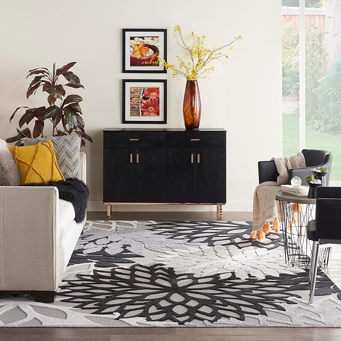 Nourison Aloha Indoor/Outdoor Black White 12' x 15' Area Rug, Tropical, Botanical, Easy Cleaning, Non Shedding, Bed Room, Living Room, Dining Room, Deck, Backyard, Patio (12x15)