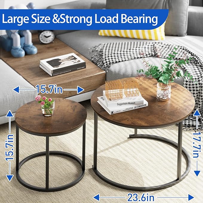aboxoo Coffee Table Nesting Round Table Set of 2 Side Table with Sturdy Metal Frame for Living Room Bedroom Apartment Modern Industrial Simple Nightstand,Rustic Brown