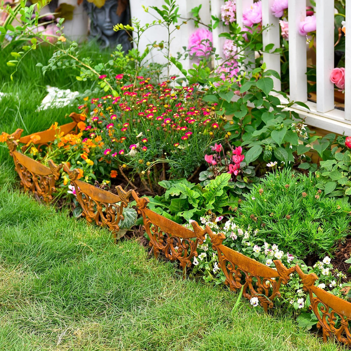 Sungmor Decorative Cast Iron Garden Edging Border, 4 Pack Rustic Brown Landscape Edging Low Picket Fence, 9.9inch Tall Outdoor Flower Bed Lawn Fence Panels, Vintage Metal Yard Decor Stakes