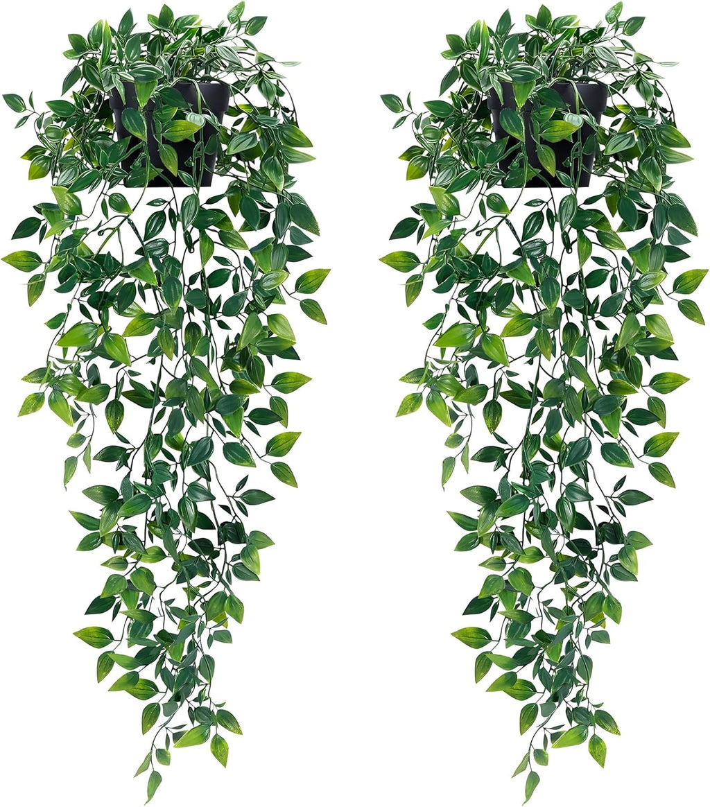 Waipfaru 2Pcs Fake Hanging Plants with Pot Deep Green Eucalyptus Leaves UV Resistant Fake Vines Ivy Artificial Plants Outdoor Faux Plants Indoor Bedroom Living Room Boho Wall Porch Shelf Decor