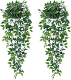 Waipfaru 2Pcs Fake Hanging Plants with Pot Deep Green Eucalyptus Leaves UV Resistant Fake Vines Ivy Artificial Plants Outdoor Faux Plants Indoor Bedroom Living Room Boho Wall Porch Shelf Decor