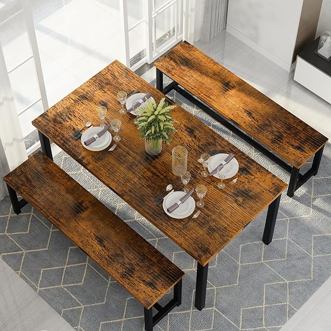 Recaceik Dining Table Set with Bench, 3 Pieces Dining Furniture Set Kitchen Table Set Sturdy Structure Space-Saving Dinette for Kitchen, Dining Room Breakfast Nook, Living Room, Rustic Brown