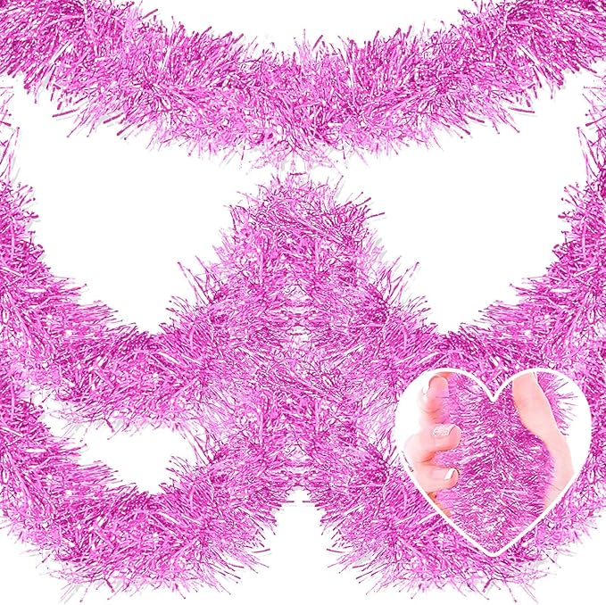 25 Feet Metallic Twist Tinsel Garland - Wall Hanging Backdrop for Parade Floats, Christmas Eve, New Year, Valentine's Day Parties (Macaron Pink, 4in x 25ft)