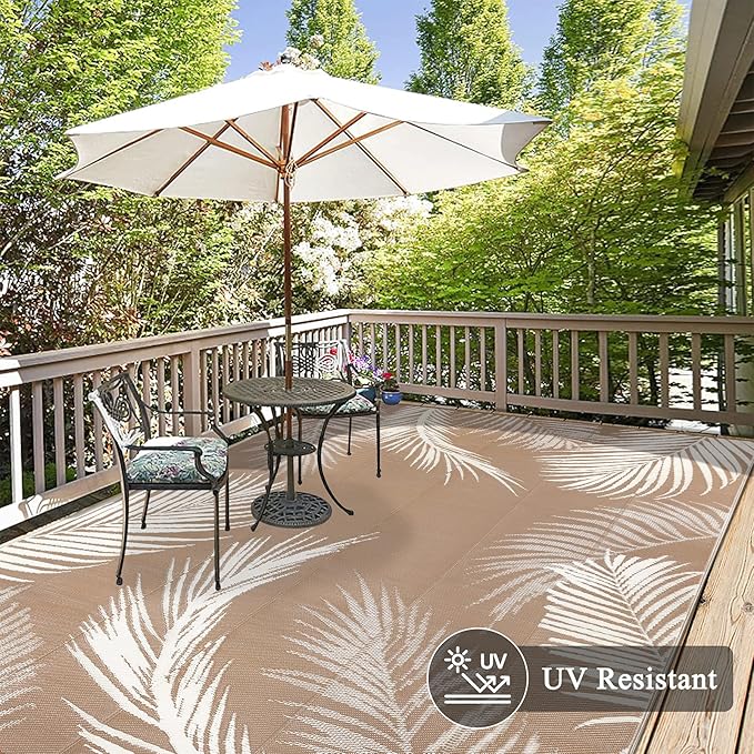 Pauwer Waterproof Outdoor Rug 10x14, Reversible Plastic Straw Patio Camping Rug, Indoor Outdoor RV Mat Carpet for Deck, Camper, Porch, Balcony, Backyard, Picnic, Leaf Brown